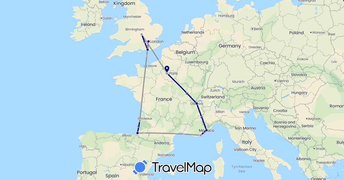 TravelMap itinerary: driving, plane in Switzerland, France, United Kingdom, Monaco (Europe)