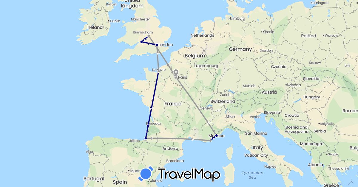 TravelMap itinerary: driving, plane in France, United Kingdom, Monaco (Europe)